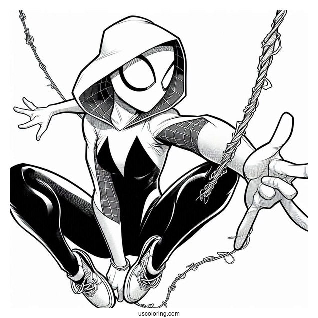Detailed Spider-Gwen Coloring Page Holding Spider Gwen In Mid Air