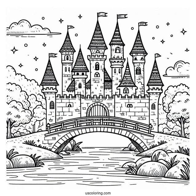 Castle Coloring Page With Bridge Over A River