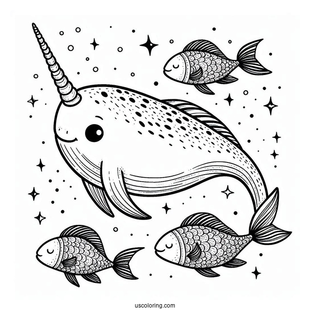 Narwhal Coloring Page Swimming With Fishes