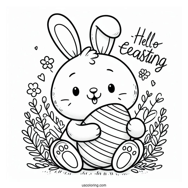 Easter Bunny Coloring Page Hugging Egg And Saying Greeting