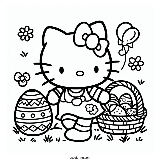 Easter Coloring Page Of Easy Hello Kitty Walking With Basket Of Easter Eggs