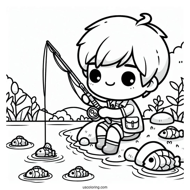 Kawaii Little Boy Fishing Coloring Page In The River For Preschoolers