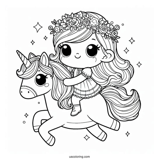 Cute Coloring Page Little Girl Riding A Unicorn