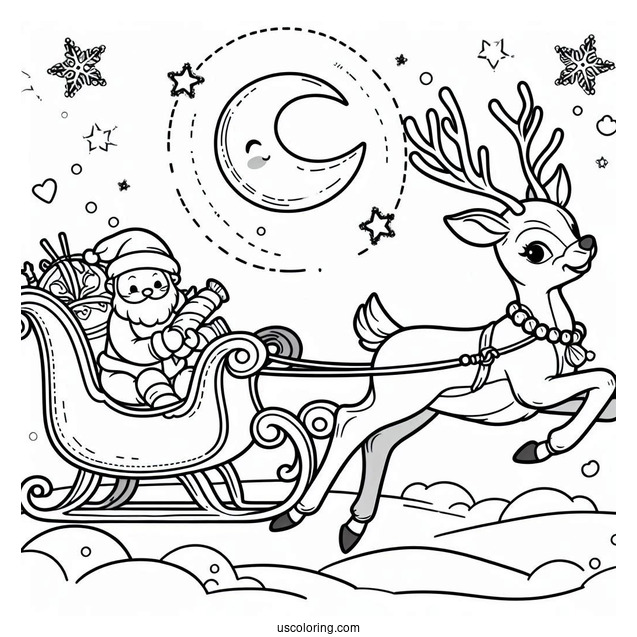 Rudolph Coloring Page Pulling Santa s Sleigh For Kids