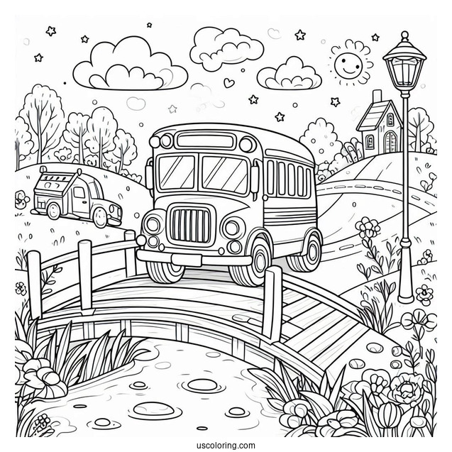 Cute School Bus Coloring Page Crossing A Small Bridge