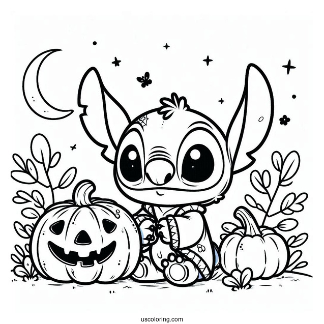 Kawaii Halloween Themed Stitch With Pumpkin To Color