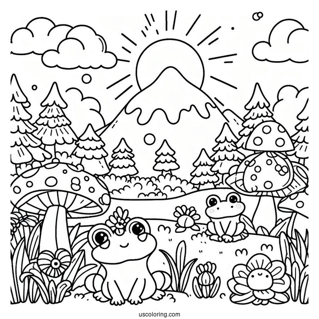 Cute Coloring Page Landscape With Mushrooms And Frogs
