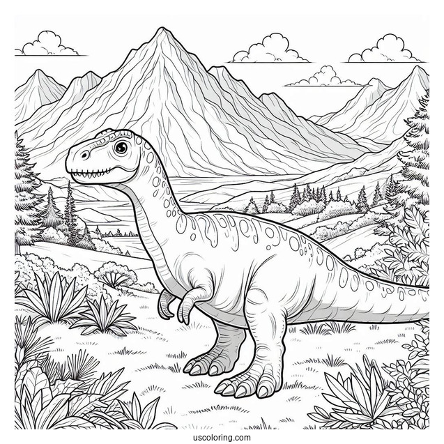 Dinosaur Coloring Page Of Mapusaurus In Mountain Landscape