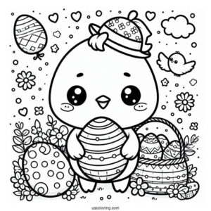 Easter Coloring Page Of Kawaii Chick Holding Easter Egg For Preschoolers