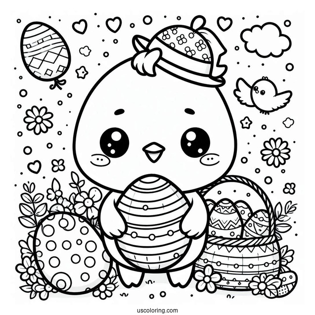 Easter Coloring Page Of Kawaii Chick Holding Easter Egg For Preschoolers