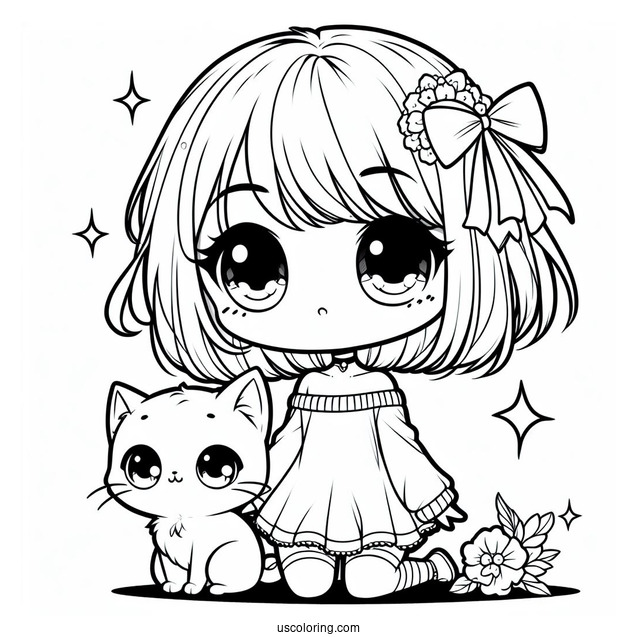 Curious Chibi Girl With Her Cat