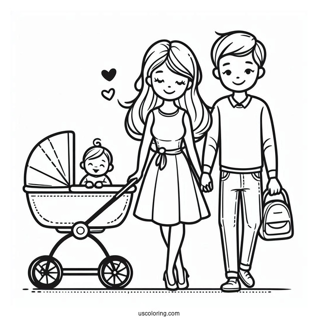 Mother And Father Walking Baby Coloring Page In Stroller