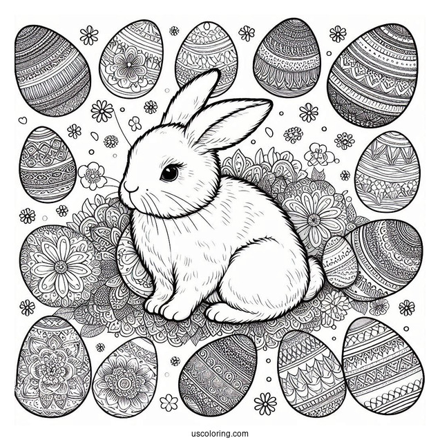 Detailed Easter Bunny Coloring Page And Eggs Mandala