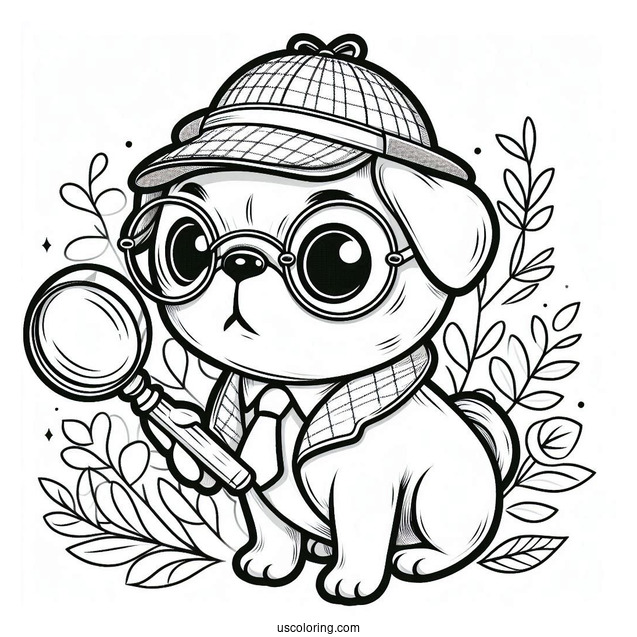 Detective Pug Coloring Page with Magnifying Glass