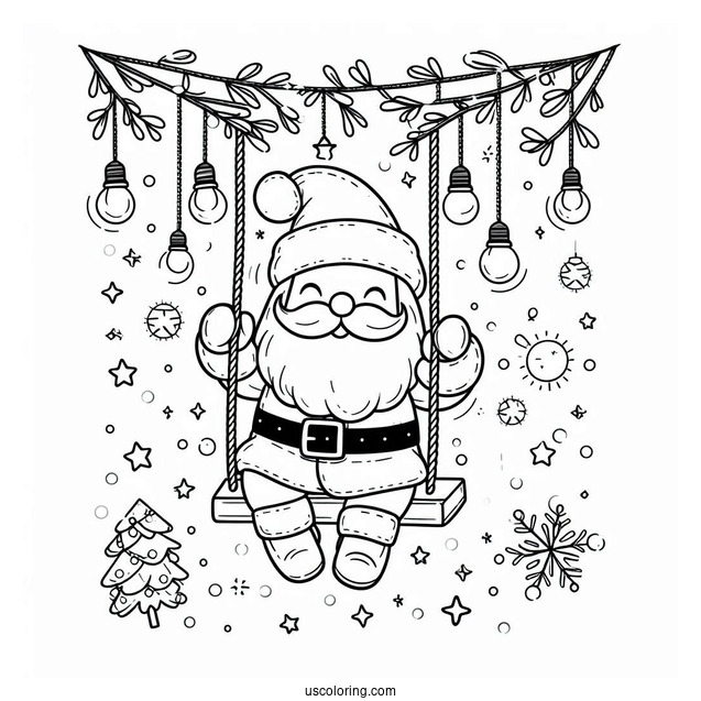 Cute Santa Swinging On Lights To Color