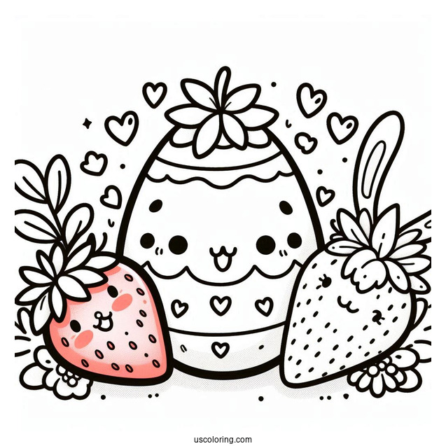 Kawaii Easter Egg Strawberry, Carrot, Bunnies, And Hearts Designs Coloring Sheet