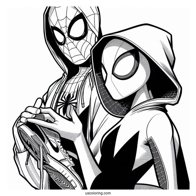 Miles Morales And Spider-Gwen Coloring Page Wearing Nikes