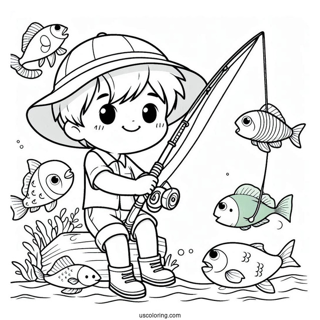 Happy Little Boy Fishing Coloring Page