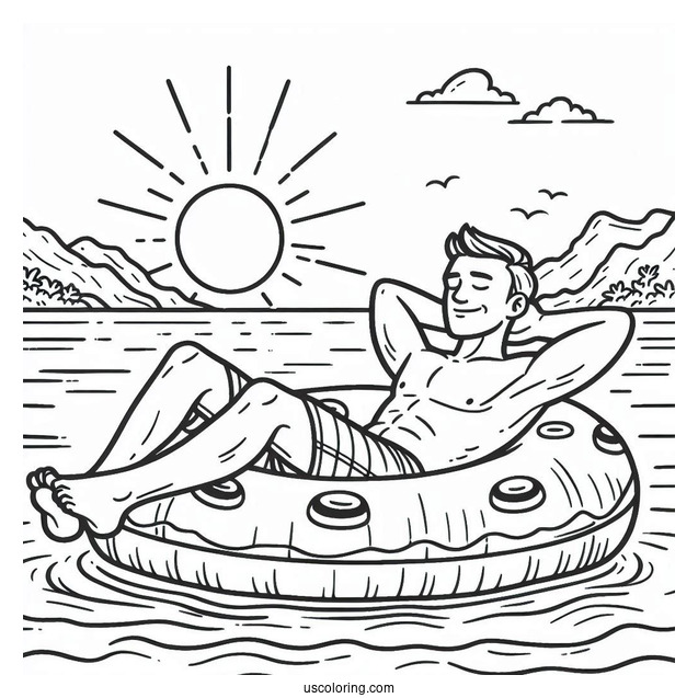 Swimming Coloring Page OF Man Relaxing On An Inflatable For Kids