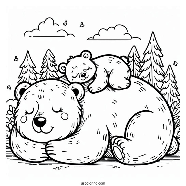 Bear Coloring Page Of Cub Sleeping On Mama Bear s Back While She s Walking