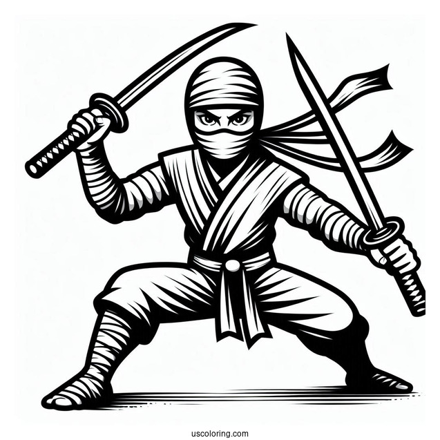 Easy Ninja With Swords In A Fight Coloring Page For Kids