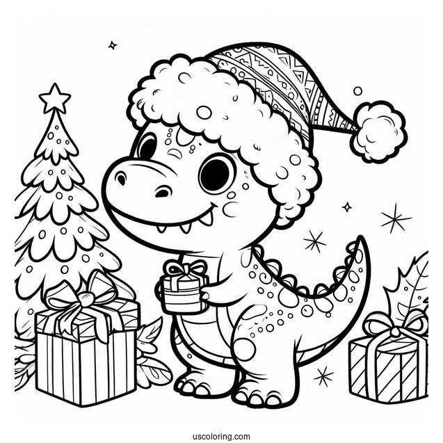 Christmas Themed T-Rex With Santa Hat To Color