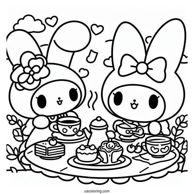 My Melody Coloring Page Having Tea With Flat And Risu