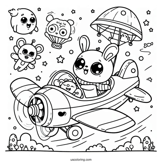 Smiling Critters Coloring Page On A Flying Car