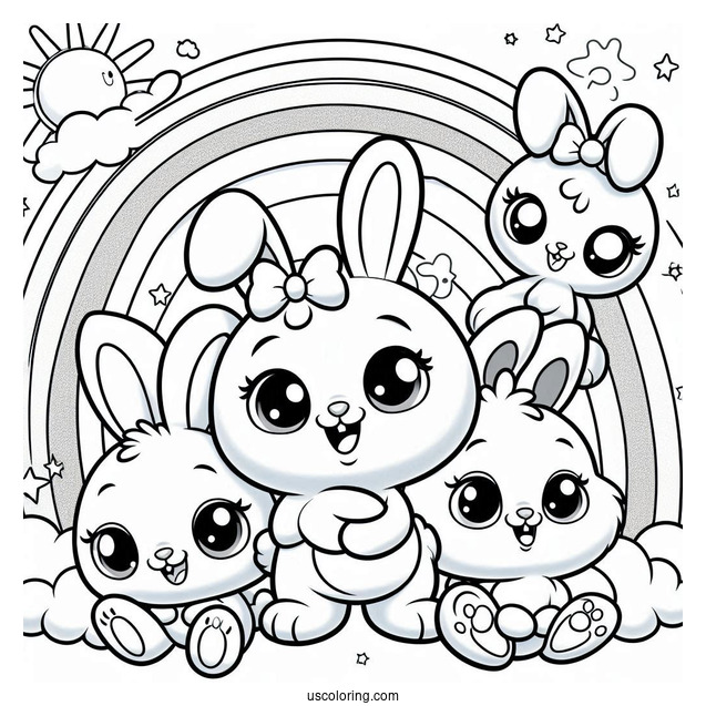 Sunny Bunnies Coloring Page Of Big Boo, Iris, Turbo, Shiny, And Hopper On A Rainbow
