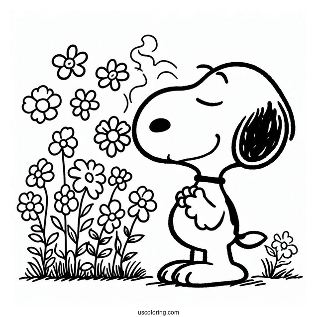 Snoopy Smelling Flowers To Color