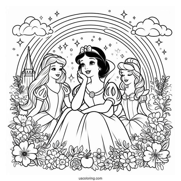 Beautiful Snow White, Cinderella, And Belle In Front Of A Rainbow Coloring Sheet