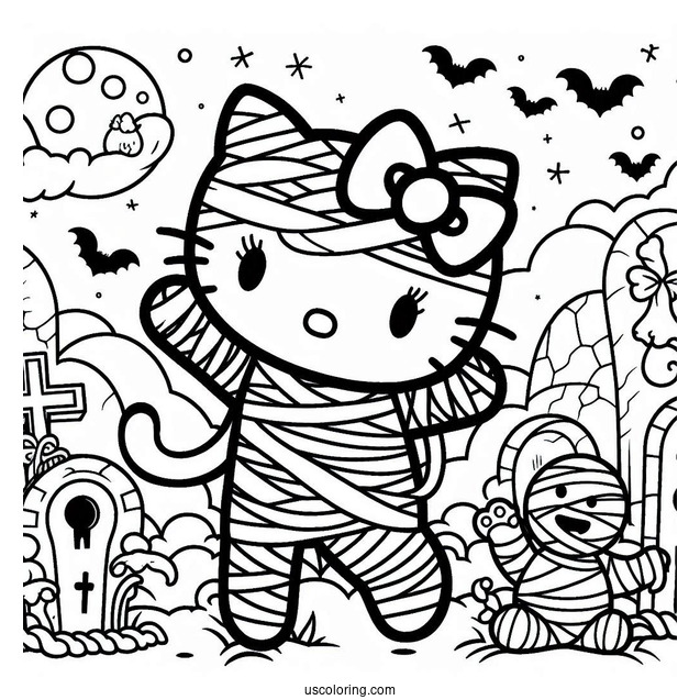 Hello Kitty Mummy Coloring Page In The Cemetery For Kids