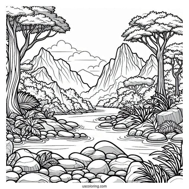 Detailed River And Rocky Terrain Of Jungle Coloring Page