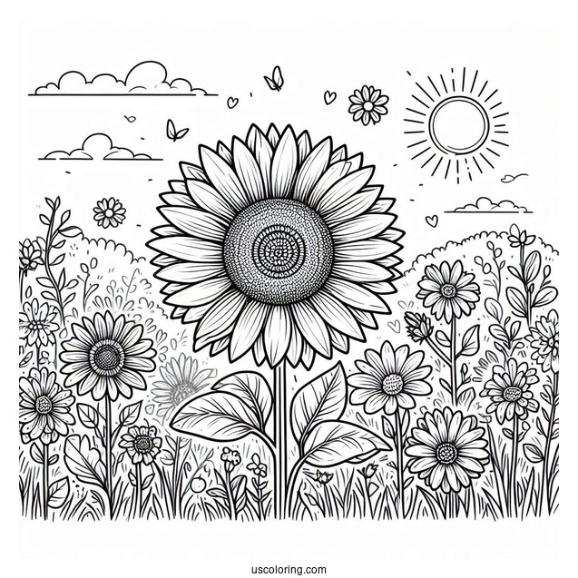 Flower Coloring Pages Of Sunflowers In A Field Under The Sun