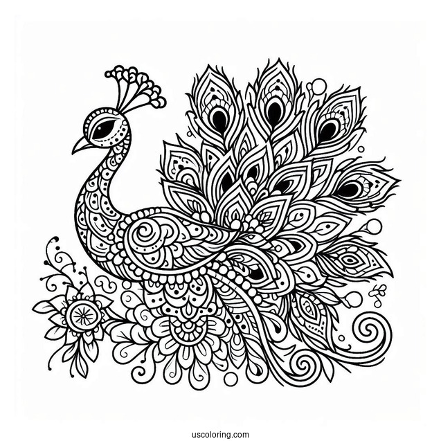 Peacock Coloring Page in Ornamental Mandala Style With Floral Pattern