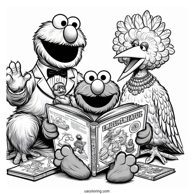 Elmo, Oscar and Big Bird Reading Books To Color