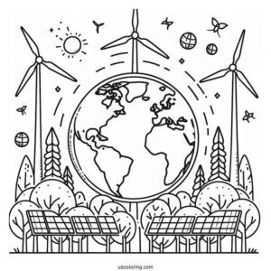 Earth Surrounded By Trees, Windmills, And Solar Panels
