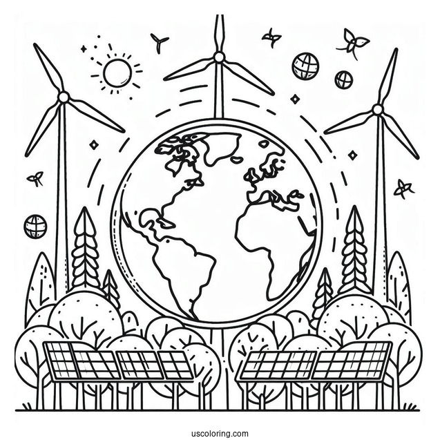 Earth Surrounded By Trees, Windmills, And Solar Panels
