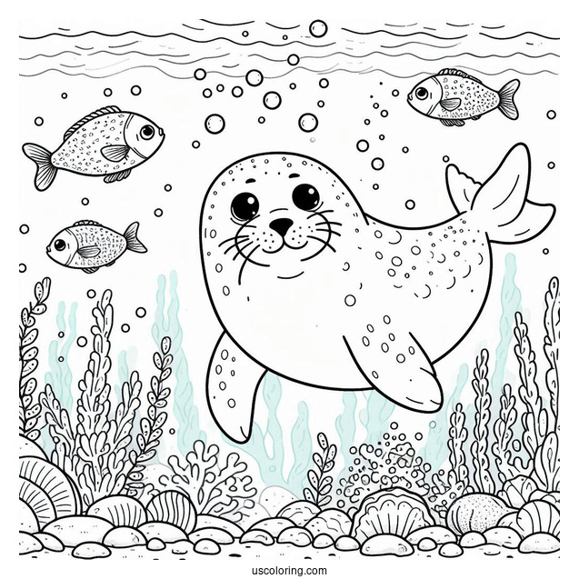 Happy Seal Coloring Page Underwater With Fish