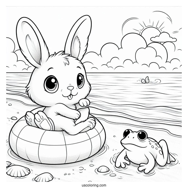 Adorable Rabbit And Frog Swimming At The Beach Coloring Sheet