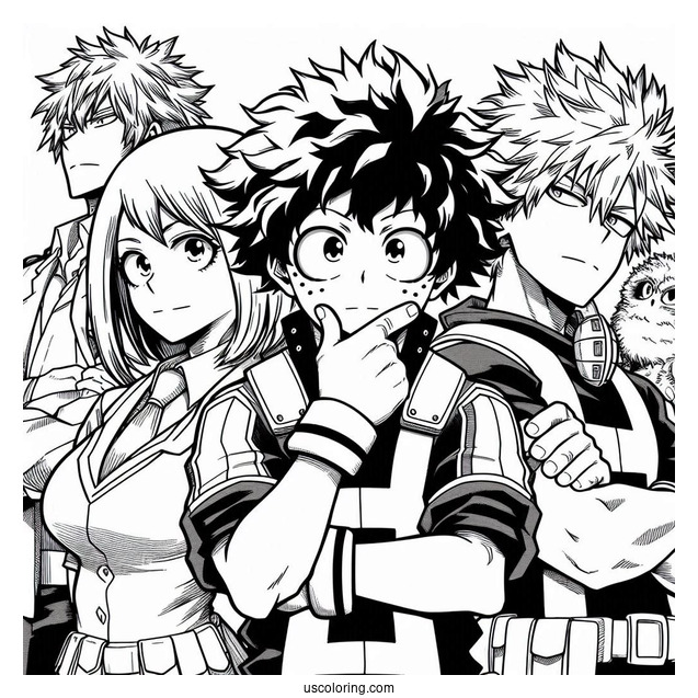 My Hero Academia Coloring Page Of Izuku, Katsuki, Shouto, And Ochako