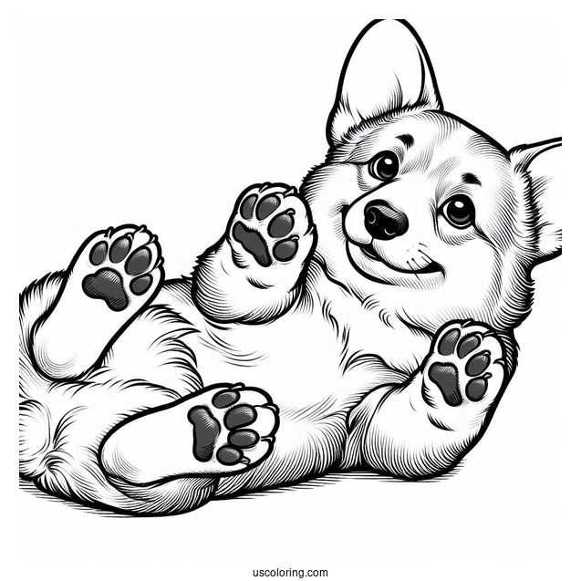 Corgi Coloring Page Lying On Its Back With Paws Up