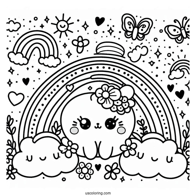Kawaii Polka Dot Rainbow Coloring Page With Clouds, Flowers, And Butterflies For Kids