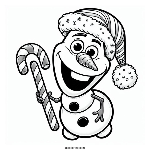 Olaf Wearing Santa Hat With Candy Cane To Color