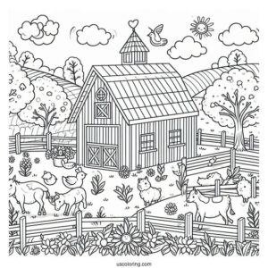 Coloring Page Of a Farm With Fields And Animals