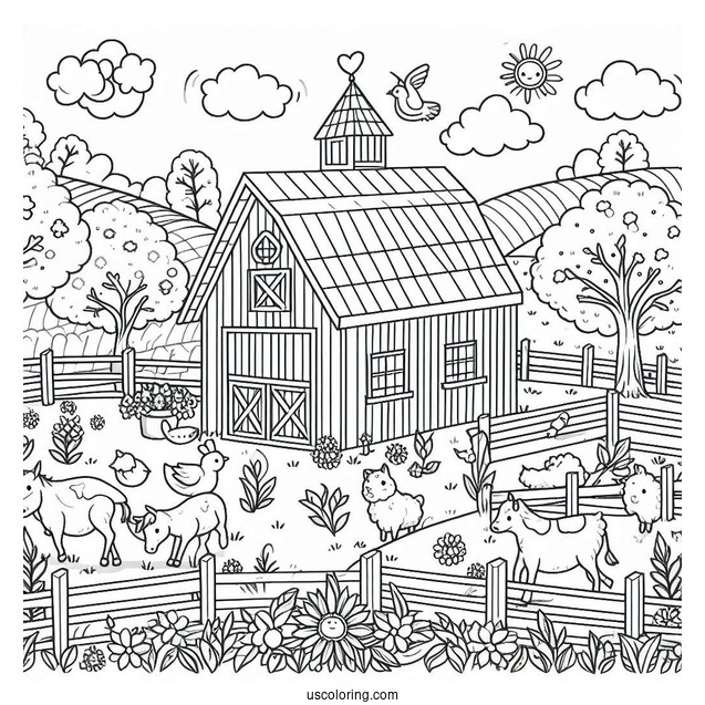Coloring Page Of a Farm With Fields And Animals