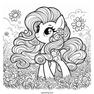 Beautiful Pinkie Pie Coloring Page With Flowing Mane On A Flower Field