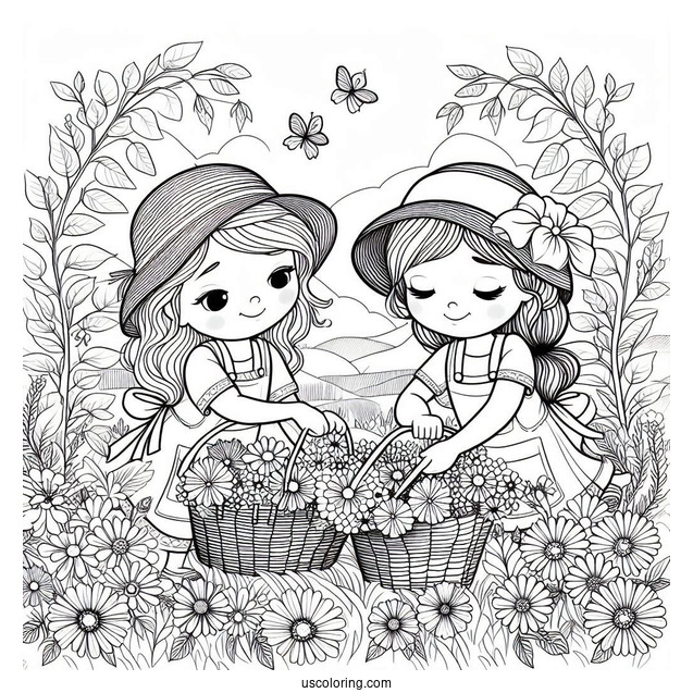 Two Little Girls Harvesting Flowers In Spring Coloring Page For Kids