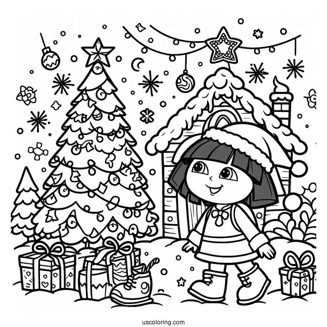 Christmas Themed Dora Coloring Page
