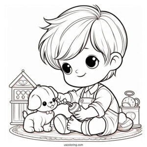 Precious Moments Coloring Page Of Little Boy With Toy Dog For Kids